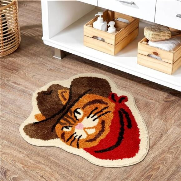 Funny Cat Bathroom Rug Western Cowboy Bath Mat Non Slip Washable Plush Floor Car - Picture 6 of 7